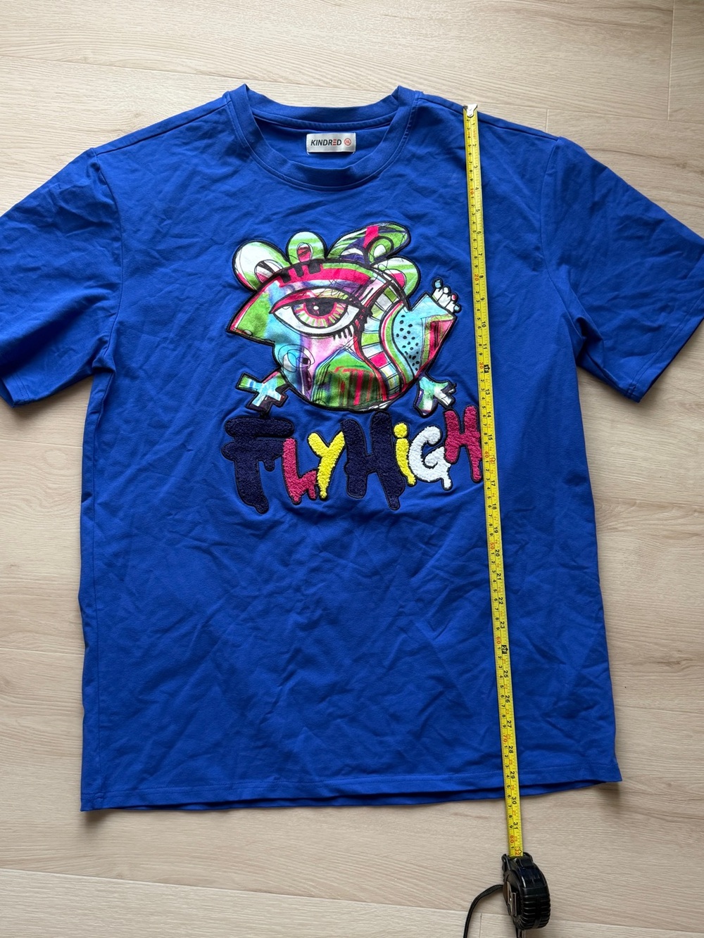 Blue men’s Graphic Tee with Colorful Patch Art size xxl